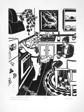 Black & White Kitchen Print - Dog Cooking Artwork Linocut Print